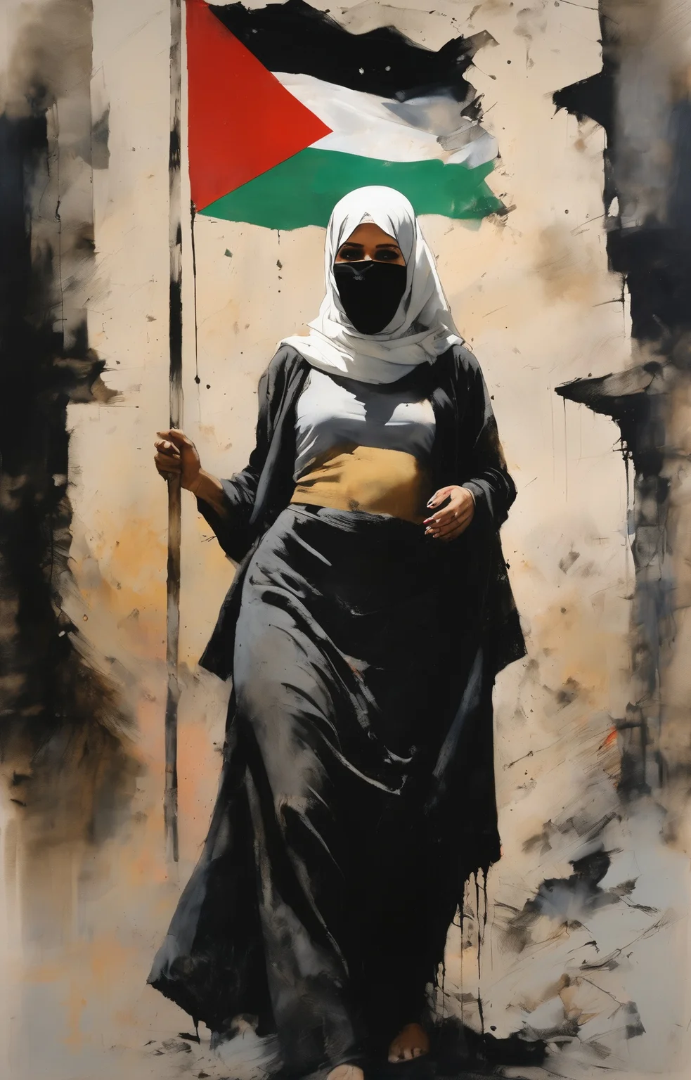(AshleyWoodArtAI:1.3), soft pastel colors, (painting of the Palestinian flag:1.4) <lora:AshleyWoodArtAILccp:1>, war crimes, civilian casualties, a fierce woman standing and wearing a hijab, heavy brushstrokes, blurred details, occasional burst of vivid color, dim lit setting