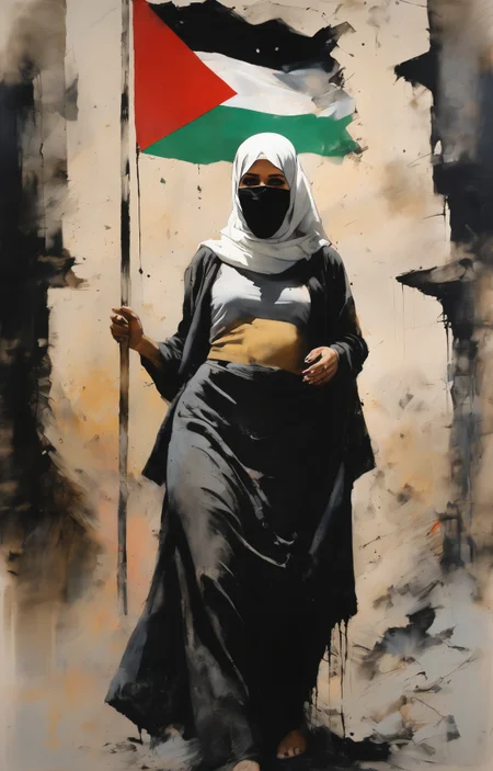(AshleyWoodArtAI:1.3), soft pastel colors, (painting of the Palestinian flag:1.4) <lora:AshleyWoodArtAILccp:1>, war crimes, civilian casualties, a fierce woman standing and wearing a hijab, heavy brushstrokes, blurred details, occasional burst of vivid color, dim lit setting