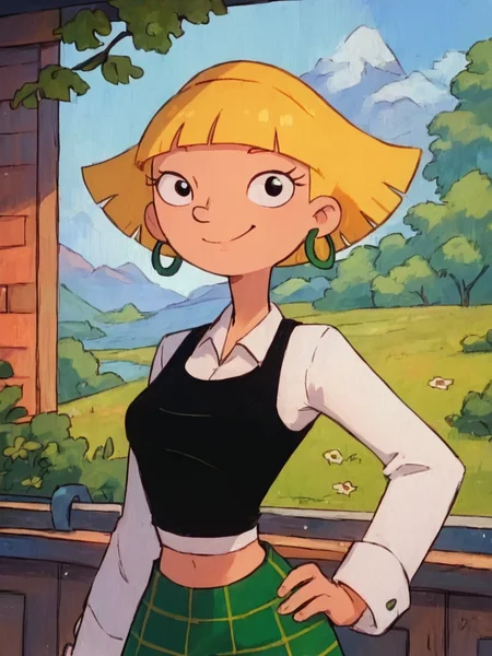 <lora:OlgaPony1.0:0.85> olga, 1girl, solo, blonde hair, short hair, white shirt, black tank top, hoop earrings, plaid skirt, smile, bangs, blunt bangs, thighhighs, midriff,upper body,  looking at viewer, hand on own hip, outdoors,, score_9, score_8_up, score_7_up, score_6_up