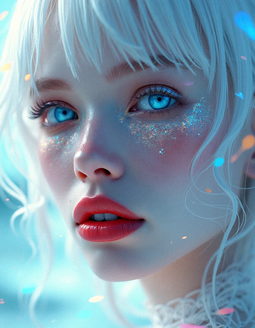 A hyper-realistic close-up of a woman with icy white hair and pale, flawless skin. Her eyes are bright blue, almost glowing, with digital patterns reflecting in them. The lighting is surreal, with soft, colorful lights casting abstract patterns on her face. Her lips are a deep red, glossy and perfectly shaped. The background is an abstract, digital landscape, with soft gradients and blurred shapes, creating a dreamy, otherworldly atmosphere.