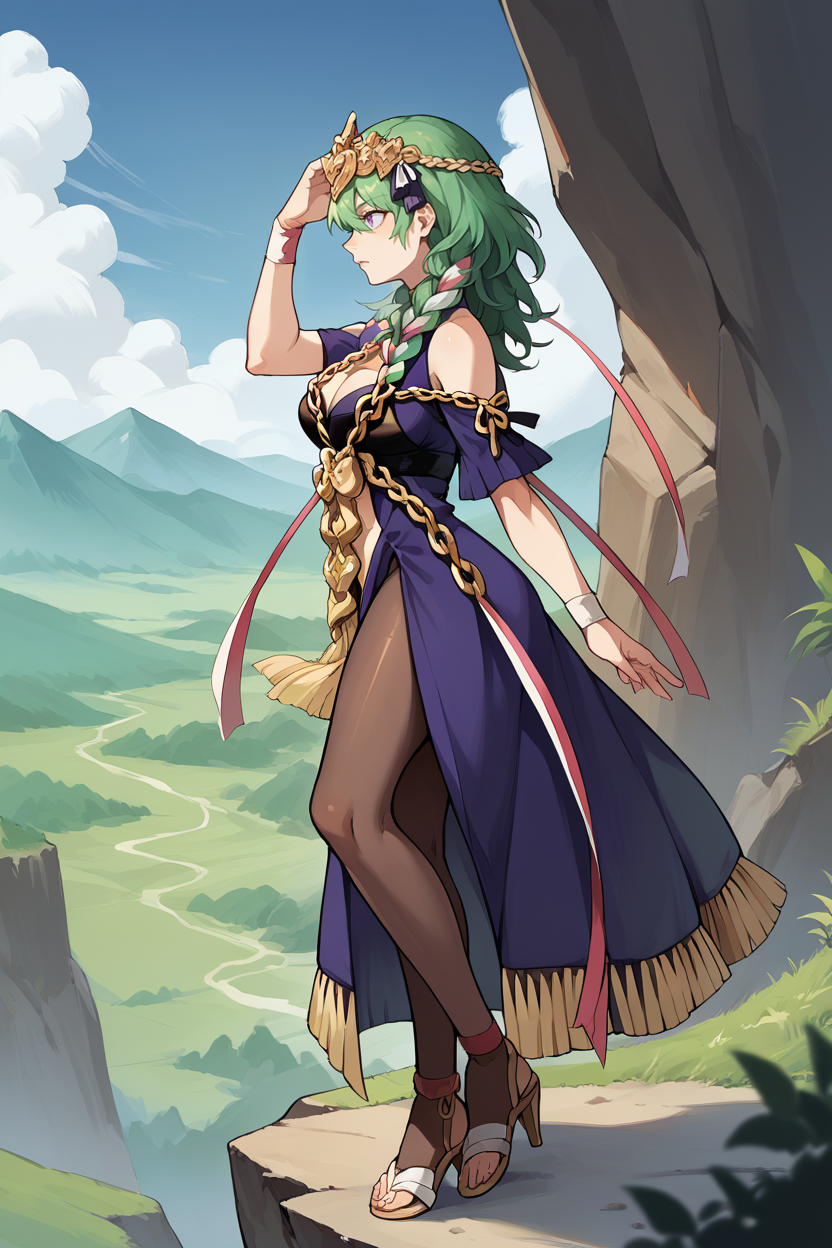 score_9, score_8_up, score_7_up, score_6_up, source_anime, BREAK 1girl, solo <lora:byleth-pdxl-nvwls-v1-000005:1> braveByl, green hair, ribbon braid, hair ribbon, gold headdress, purple dress, bare shoulders, cleavage cutout, gold chains, tabard, pantyhose, big breasts, hill, standing, cliff, raised arm, from side, sandals, high heels