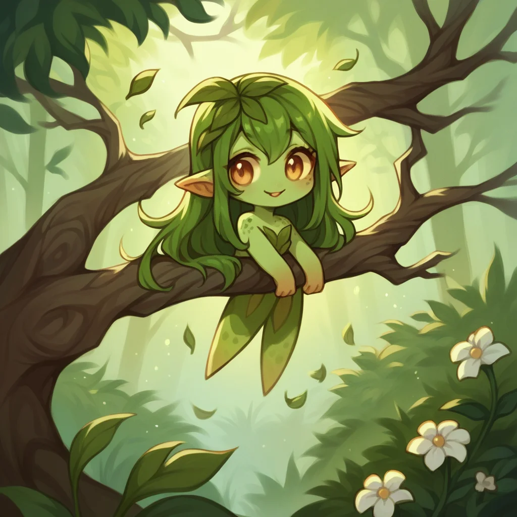 score_9, score_8_up, score_7_up, score_6_up, score_5_up, score_4_up, BREAK,
elemental \(creature\), 1girl, solo, dryad, green skin, forest, nature, trees, mystical, standing, glowing, long hair, flowers, peaceful, ethereal, serene, magical, leaves, plant-based, barefoot, gentle, sitting on a tree branch, happy expression, chibi style
<lora:elementals_v2:1>