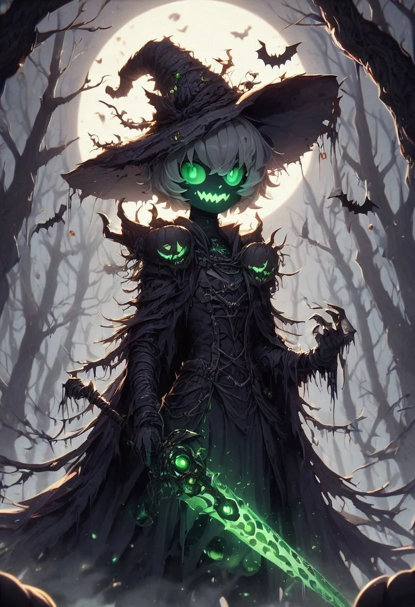 score_9, score_8_up, score_7_up, upscale 2x, 1girl as a mystical witch dressed in a Halloween-themed outfit. has a tall, pointed witch's hat decorated with tiny pumpkins and bats, and wears a flowing cape in shades of orange, purple, and black. She holds a magical staff that emits a faint green glow. Around her are glowing jack-o'-lanterns, hovering ghostly figures, and black cats with glowing eyes. The scene is set in a dark, misty forest with a full moon casting an eerie light, creating a spooky yet enchanting Halloween atmosphere