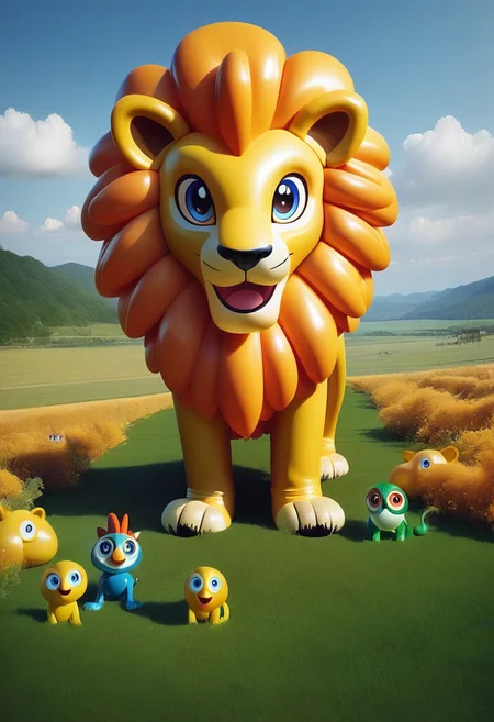 score_9, score_8_up, masterpiece, extremely detailed, best quality, highres, Latex, googly eyes, lion, savana, scenery