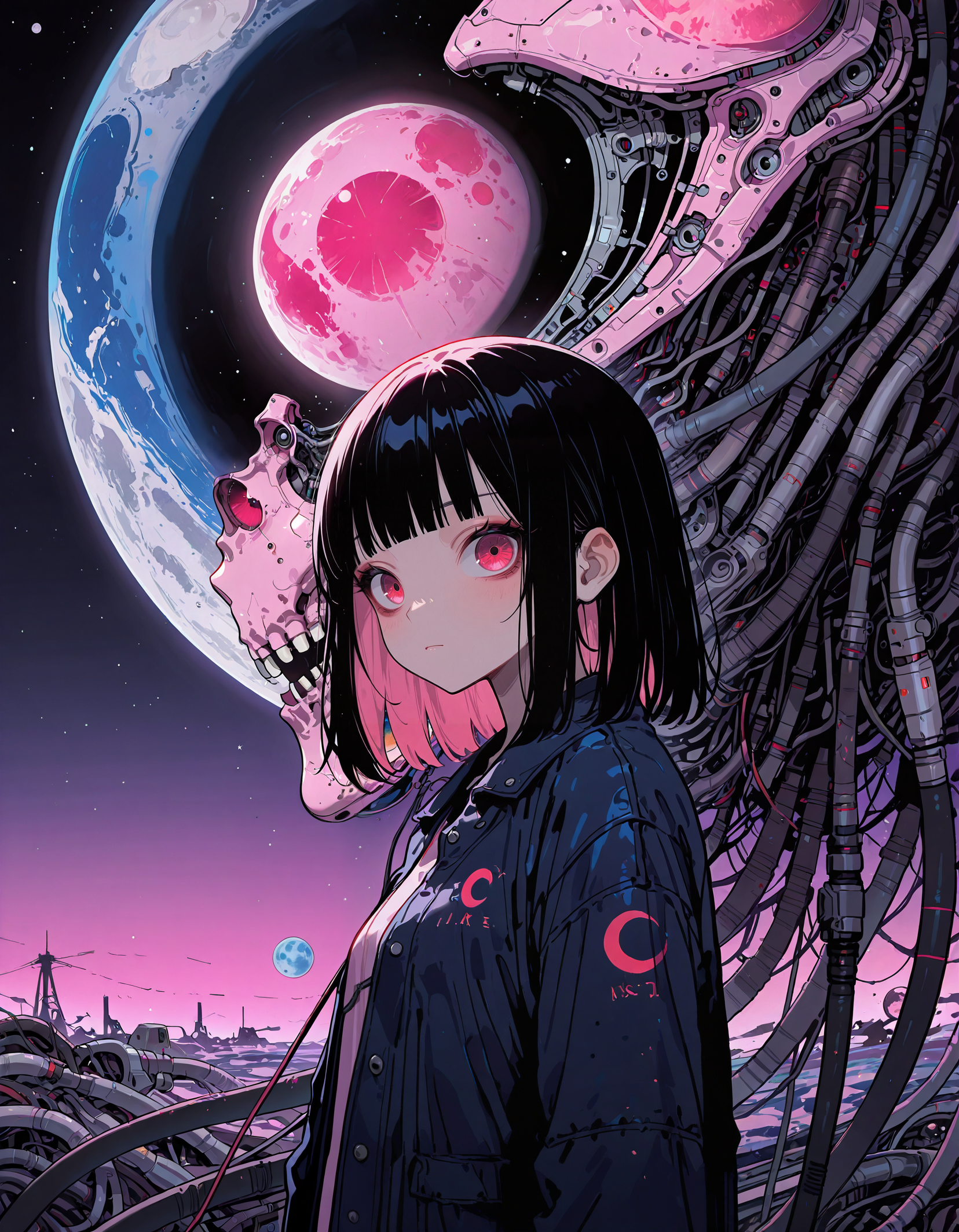 masterpiece, newest, incredibly absurdres, highres,  <lora:3Y3S_style:1>,3Y3S_illu, 1girl, black hair, bangs, blunt bangs, looking at viewer, red eyes, cable, solo, jacket, science fiction, medium hair, pink eyes, upper body, planet, moon