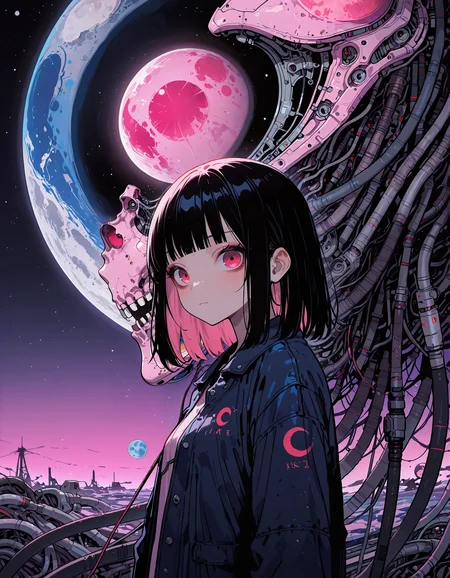 masterpiece, newest, incredibly absurdres, highres, <lora:3Y3S_style:1>,3Y3S_illu, 1girl, black hair, bangs, blunt bangs, looking at viewer, red eyes, cable, solo, jacket, science fiction, medium hair, pink eyes, upper body, planet, moon