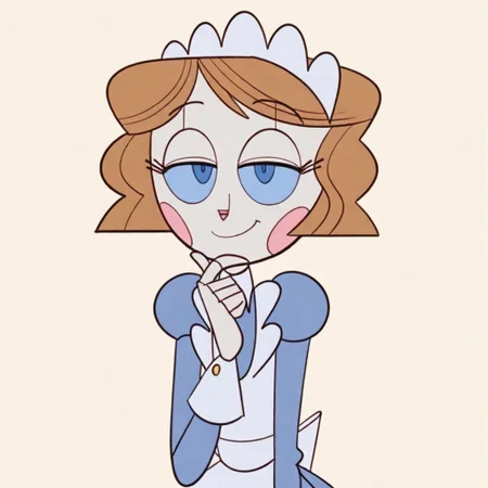 1girl, solo, upper body,
Emmy, nandroid, brown hair, blue eyes, maid uniform, maid headdress,
Smile, finger on chin, Half-closed eyes, looking at viewer,