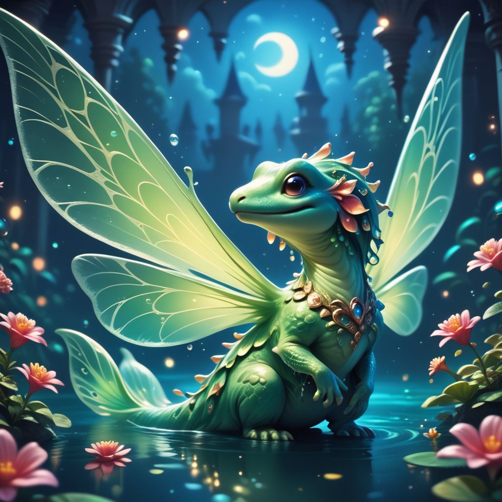 score_9,score_8_up,score_7_up,score_6_up,score_5_up,score_4_up,elegant,adorable,little green water monster,magical oasis,water creature,fantasy,night time,moonlight,magical,extremely detailed,beautiful,whimsical,high resolution image,translucent wings,