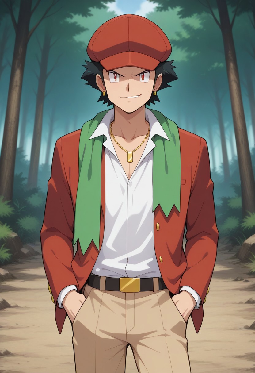 pokemon \(classic anime\), anime screencap, 
best quality, masterpiece, amazing quality, very aesthetic, absurdres,
1boy, solo, spiritgruntm, black hair, sideburns, red eyes, gold earring, spirituniformm, newsboy cap, green scarf around shoulders, red jacket, white buttoned shirt, open collar, collarbone, gold necklace, khaki pants, outdoors, forest, smirk, looking at viewer, hands in pockets, slouching