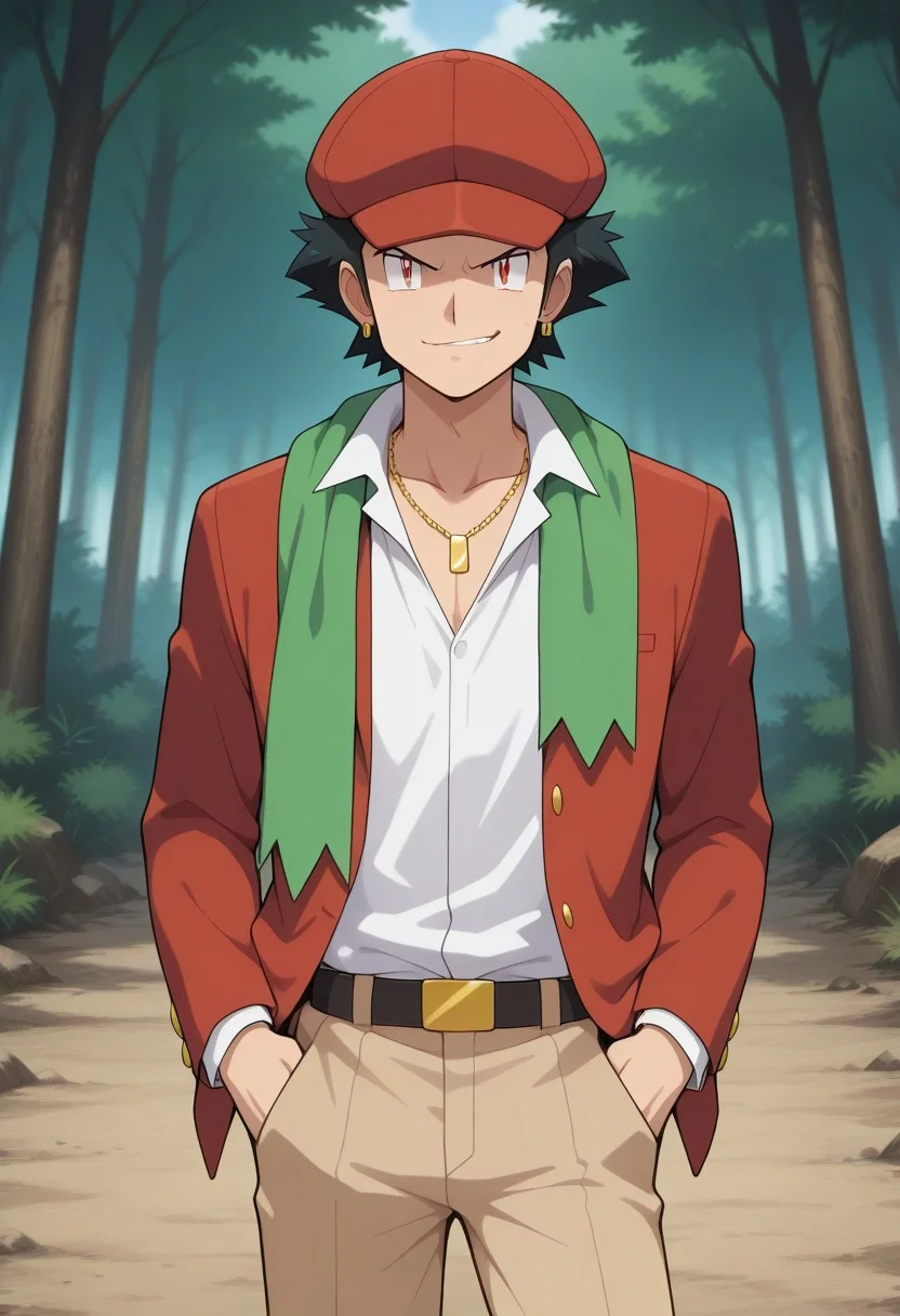 pokemon \(classic anime\), anime screencap,
best quality, masterpiece, amazing quality, very aesthetic, absurdres,
1boy, solo, spiritgruntm, black hair, sideburns, red eyes, gold earring, spirituniformm, newsboy cap, green scarf around shoulders, red jacket, white buttoned shirt, open collar, collarbone, gold necklace, khaki pants, outdoors, forest, smirk, looking at viewer, hands in pockets, slouching