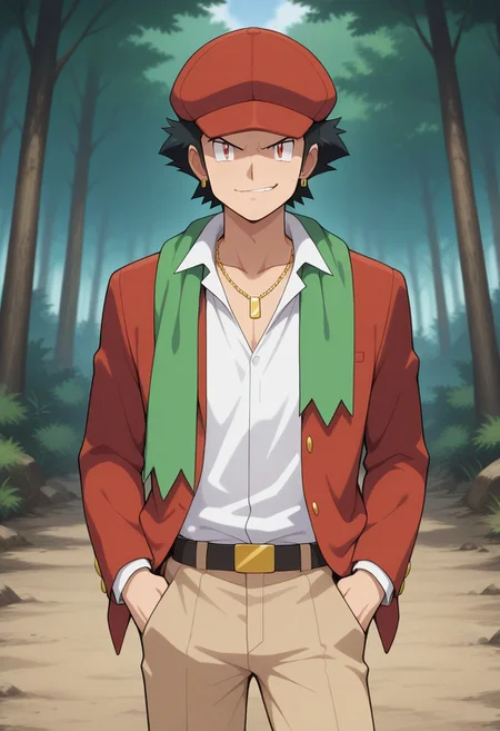 pokemon \(classic anime\), anime screencap,
best quality, masterpiece, amazing quality, very aesthetic, absurdres,
1boy, solo, spiritgruntm, black hair, sideburns, red eyes, gold earring, spirituniformm, newsboy cap, green scarf around shoulders, red jacket, white buttoned shirt, open collar, collarbone, gold necklace, khaki pants, outdoors, forest, smirk, looking at viewer, hands in pockets, slouching