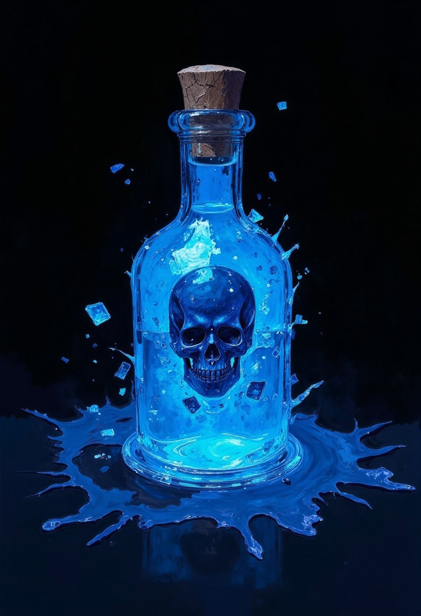 A captivating concept art illustration of a mystical game item, portraying an enchanting blue oral liquid with a hauntingly beautiful frozen skull encapsulated within the potion. The eerie and captivating scene is set against a dark, velvety black background, evoking a sense of mystery and intrigue. The high-resolution photo meticulously captures the intricate details and textures of the potion, making it the perfect choice for a striking poster or promotional material that will undoubtedly draw attention and pique curiosity for the game., vibrant, poster