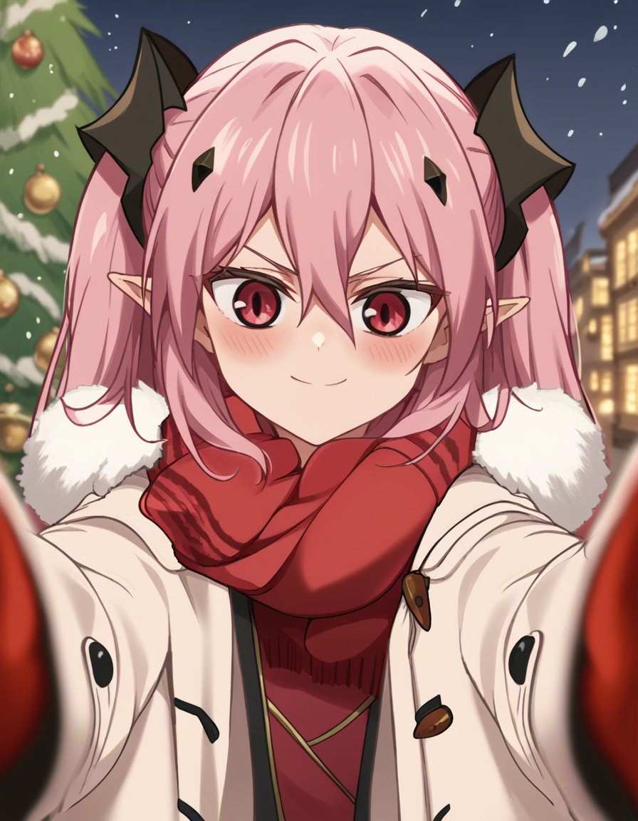 score_9, score_8_up, score_7_up, source_anime, <lora:krul-tepes-s2-ponyxl-lora-nochekaiser:1>, krul tepes, long hair, red eyes, pink hair, pointy ears, hair ornament, anime screencap, <lora:pov-cheek-warming-ponyxl-lora-nochekaiser:1>, pov cheek warming, pov cheek warming (meme), winter gloves, duffel coat, fur-trimmed scarf, winter clothes, red mittens, meme, winter coat, red scarf, fur-trimmed coat, reaching towards viewer, reaching, mittens, fur-trimmed hood, white coat, open coat, scarf, coat, red gloves, snowing, pov, fur trim, depth of field, smile, blush,, christmas, christmas tree, christmas lights,, , dutch angle, cowboy shot