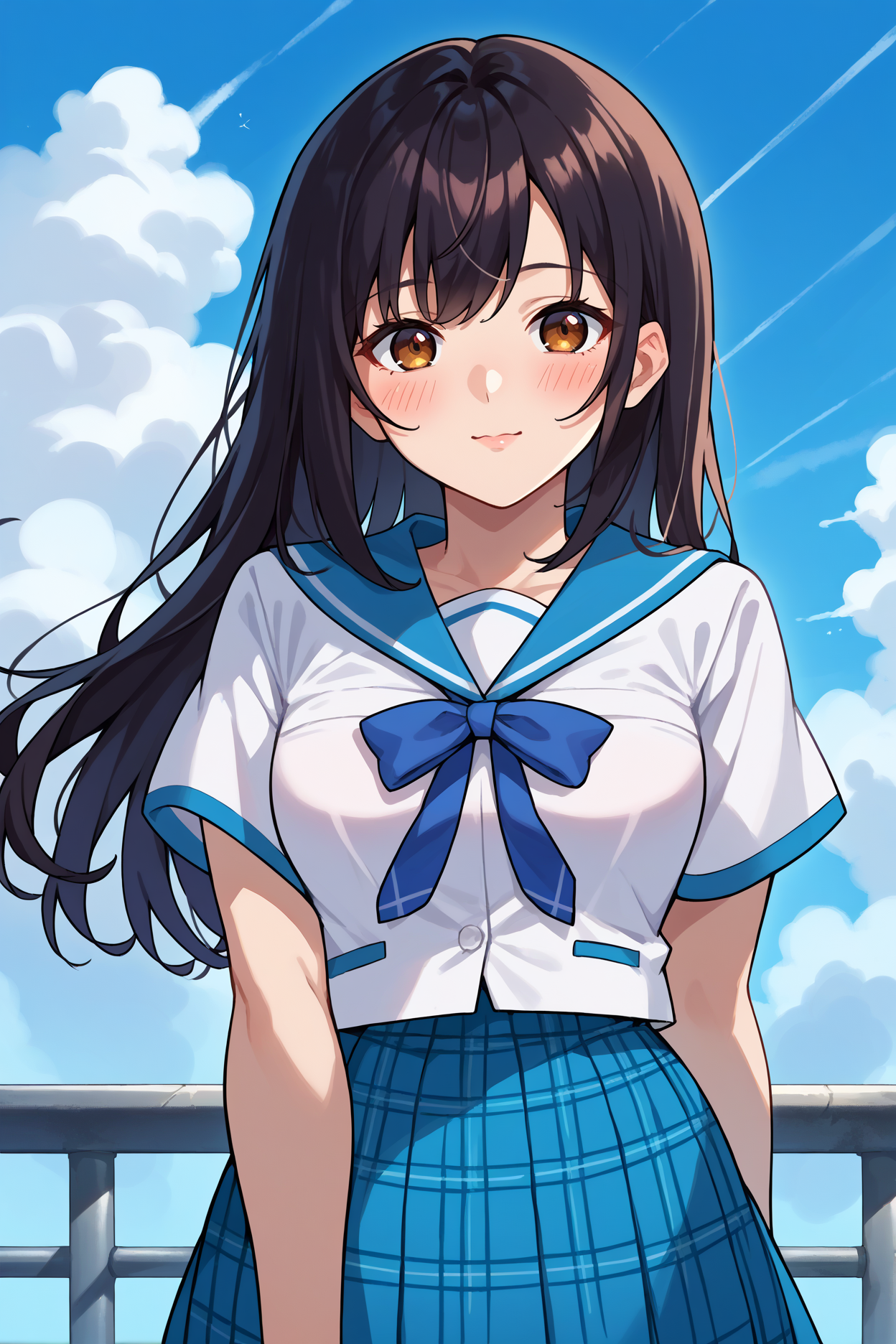 score_9, score_8_up, score_7_up, score_6_up, source_anime, 1girl, solo, <lora:himeragiyukina-pdxl-nvwls-v1-000005:1> himeragistb, black hair, long hair, brown eyes, white shirt, blue sailor collar, blue ribbon, short sleeves, blue skirt, plaid skirt, pleated skirt, breasts, looking at you, happy, blue sky, clouds, blush, upper body, portrait, miniskirt