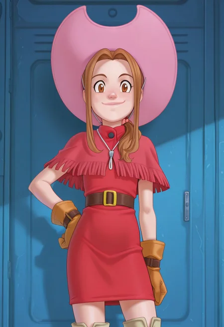 (((beautiful, high quality))), score_9, score_8_up, score_7_up, score_9, score_8_up, score_8, masterpiece, best quality, unrealistically high details, extremely high quality, ultra high detail, good anatomy, 
digimon adventure, digimimi, mimi tachikawa,1girl, brown hair, solo, brown eyes, ponytail, hair ornament, gloves, brown eyes, boots, dress, fringe trim,  flat chest, pink cowboy hat
1 girl, standing, outside, cowboy shot, smiling, hand on hip, dutch angle