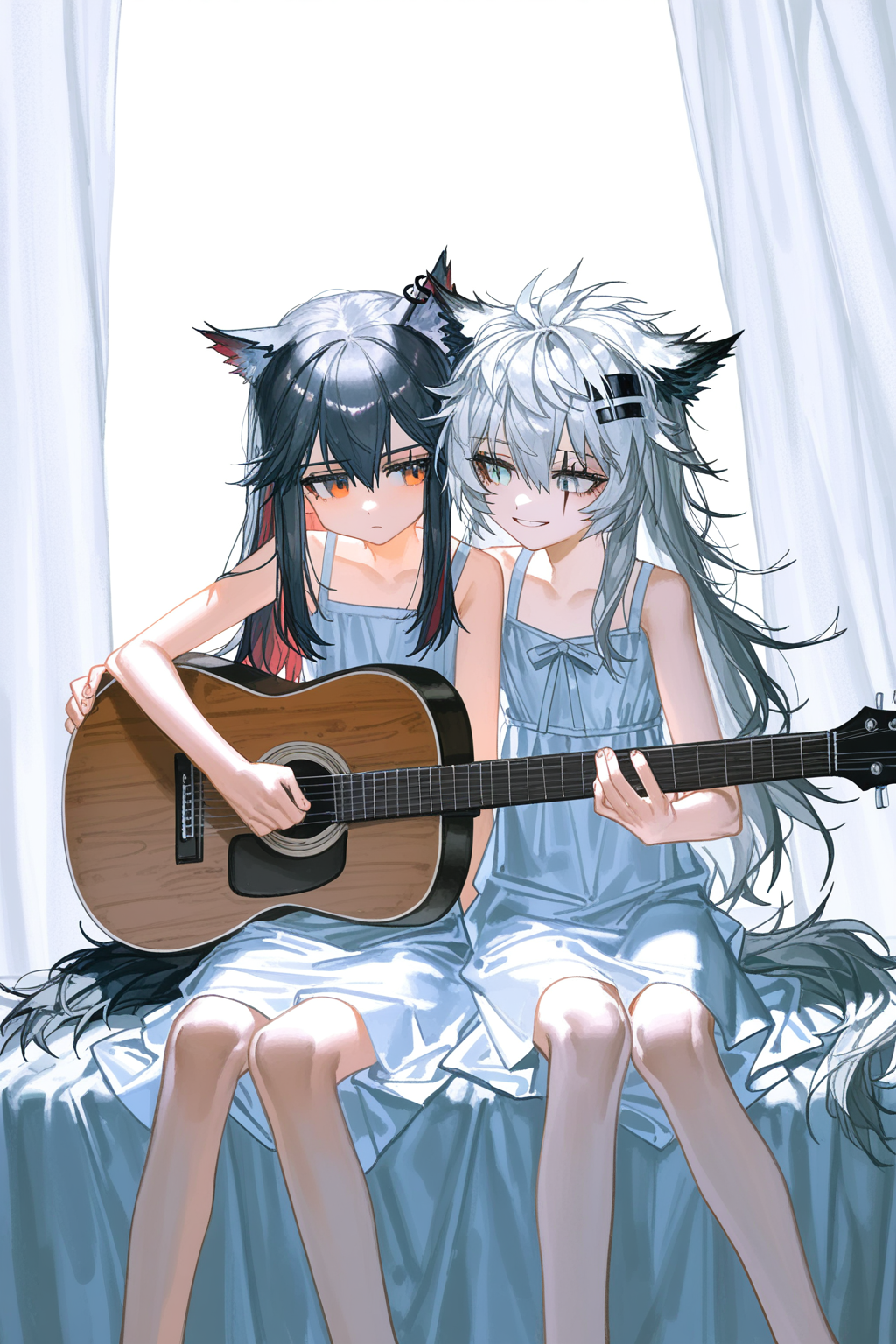 2girls, texas \(arknights\), arknights, by quasarcake, [by tianliang duohe fangdongye], outdoors, white background, white sea, bed sheet, pure, curtains, alternate costume, sundress
BREAK
lappland \(arknights\), sitting, guitar, aged down, best quality, masterpiece, absurdres