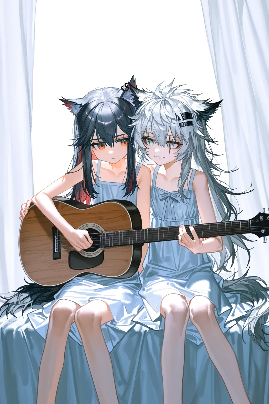 2girls, texas \(arknights\), arknights, by quasarcake, [by tianliang duohe fangdongye], outdoors, white background, white sea, bed sheet, pure, curtains, alternate costume, sundress
BREAK
lappland \(arknights\), sitting, guitar, aged down, best quality, masterpiece, absurdres