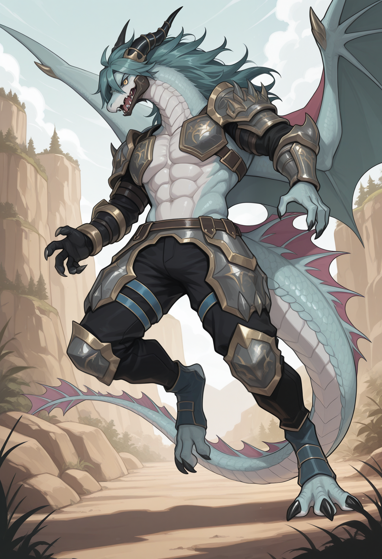masterpiece,best quality,amazing quality, 1boy, solo, r4f4l3, dragon boy, yellow eyes, teal mane, jaw armor, gold accents, asymmetrical armwear, armored gauntlet on right arm, black sleeve, bracer on left arm, shoulder armor, metal chestplate, blue leg straps, black pants, plated thigh armor, shin armor, dragon wings, tail, full body, outdoors,