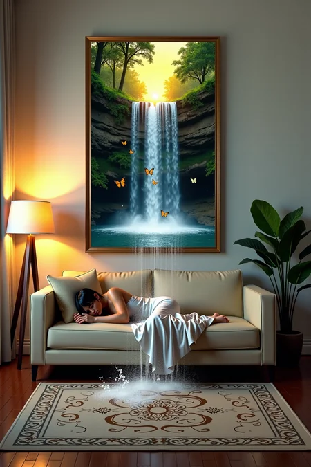 A photorealistic scene with intricate details and realistic lighting. ((Hanging on the wall is a large painting of a (sparkling waterfall:1.5), but something magical has happenedâ(the water is spilling out of the frame:1.5), cascading down onto the floor. Splashes of water soak the rug and nearby furniture, droplets suspended in midair as they catch the light from the soft glow of a nearby lamp. The room is filled with a surreal energy, as the serene waterfall breaks the boundary between art and reality.):1.5) A (sleeping Filipina woman:1.2) with brown skin, long black hair, medium breasts, and a small firm ass, peacefully lies on a bed of flowers in a warm, inviting living room adorned with a plush sofa and a patterned rug. Outside, a dreamy forest (1.1) bursts with lush foliage as (brightly colored butterflies:1.3) dance around her. Inside, (a mystical creature:1.1) lingers in the shadows and a (vibrant sunset:1.2) sets the sky ablaze. <lora:Living Canvas V0.0.1_epoch_5.safetensors:1.0> <lora:Flux\aidmaMJ6.1-FLUX-v0.4.safetensors:0.8>, <lora:Flux\Rembrandt Lighting style v1.safetensors:0.8>, midjourney, in the style of Jed-clrfl, aidmaMJ6.1, Rembrandt Lighting style,