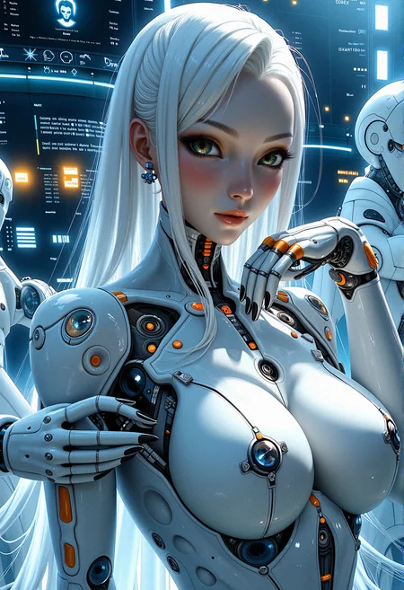 anime artwork and fantasy art of a female cyborg in a pristine, high-tech laboratory, surrounded by futuristic equipment and glowing monitors displaying complex data. She is in the process of having her mechanical components examined or upgraded, with robotic arms and tools delicately interacting with her. Her serene expression and calm demeanor contrast with the precision and complexity of the machinery around her. Focus on the detailed mechanical components of her body, intricate robotic hands, the clinical, high-tech environment, and the subtle interplay of human and machine elements.
a subtle, integrated communication system in her head or neck, with tiny speakers and microphones for direct interaction.a form-fitting, adaptive fabric bodysuit that covers parts of her body, adjusting its texture and rigidity based on her needs.Introduce subtle, bioluminescent vein-like structures that run through her mechanical components, pulsing gently with a soft glow.Integrate glowing, circuitry-like patterns onto her metallic parts, that light up and pulse.