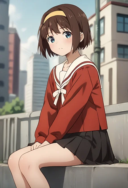 score_9, score_8_up, score_7_up, source_anime, masterpiece, 1girl, ctianm0rin0, red serafuku, white sailor collar, ribbon, black skirt, long sleeves, pleated skirt, looking at viewer, city, outdoors, depth of field, <lora:Seria_morino_pony_ct:0.8>, sitting,