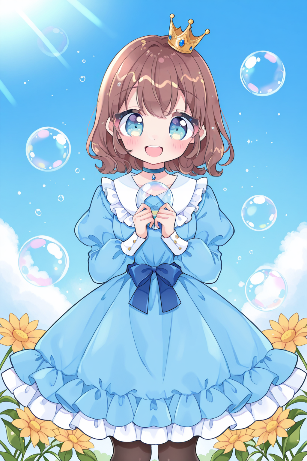 <lora:Tasuki6918:1>, Tasuki6918, 1girl, crown, looking at viewer, solo, open mouth, dress, smile, outdoors, long sleeves, jewelry, puffy sleeves, day, sky, holding, bubble, frills, pantyhose, :d, blush, juliet sleeves, blue sky, flower, frilled dress, standing, choker, bow, blue dress