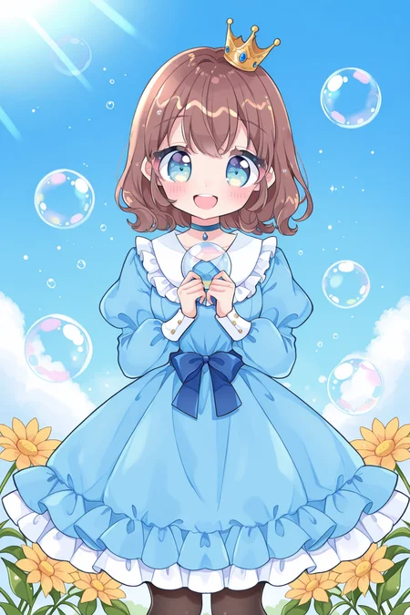 <lora:Tasuki6918:1>, Tasuki6918, 1girl, crown, looking at viewer, solo, open mouth, dress, smile, outdoors, long sleeves, jewelry, puffy sleeves, day, sky, holding, bubble, frills, pantyhose, :d, blush, juliet sleeves, blue sky, flower, frilled dress, standing, choker, bow, blue dress