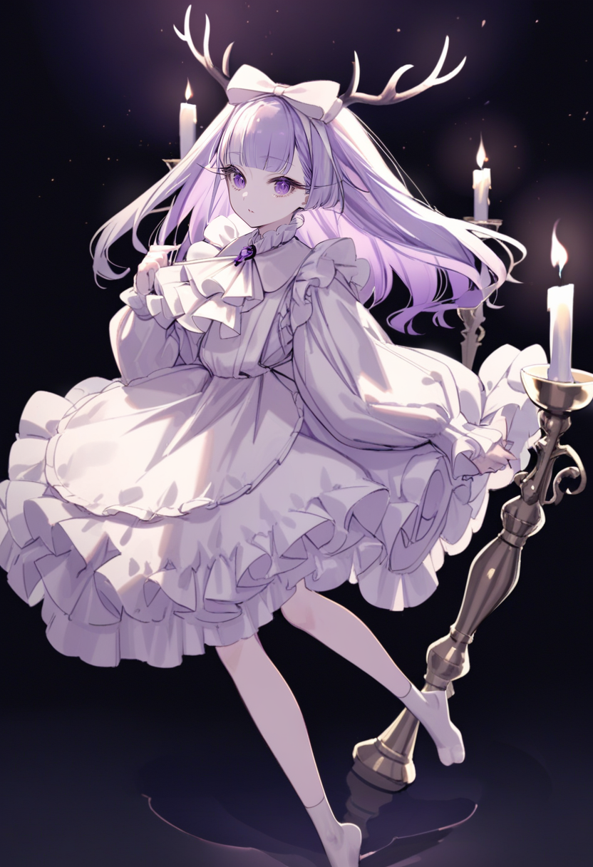 masterpiece, best quality, <lora:yoggiXL_ANI31_lokr_V43P1:0.95>  1girl, candle, solo, dress, long hair, horns, bow, hair bow, flower, antlers, full body, long sleeves, socks, ascot, puffy long sleeves, black background, frills, looking at viewer, white dress, fire, holding, candlestand, apron, purple eyes, purple hair, blunt bangs, tree, white hair, frilled dress, purple theme, puffy sleeves, white ascot