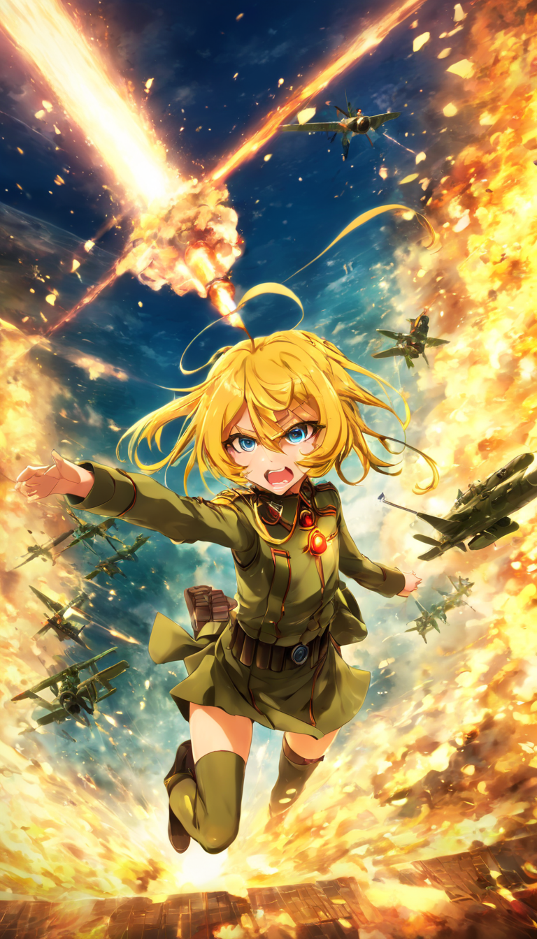 anime artwork Cinematic scene, hero view, Tanya Degurechaff, Youjo Senki <lora:tanya_degurechaff_xl_v6:1>, action pose, detailed background, masterpiece, best quality, high quality, highres, absurdres  . anime style, key visual, vibrant, studio anime, highly detailed