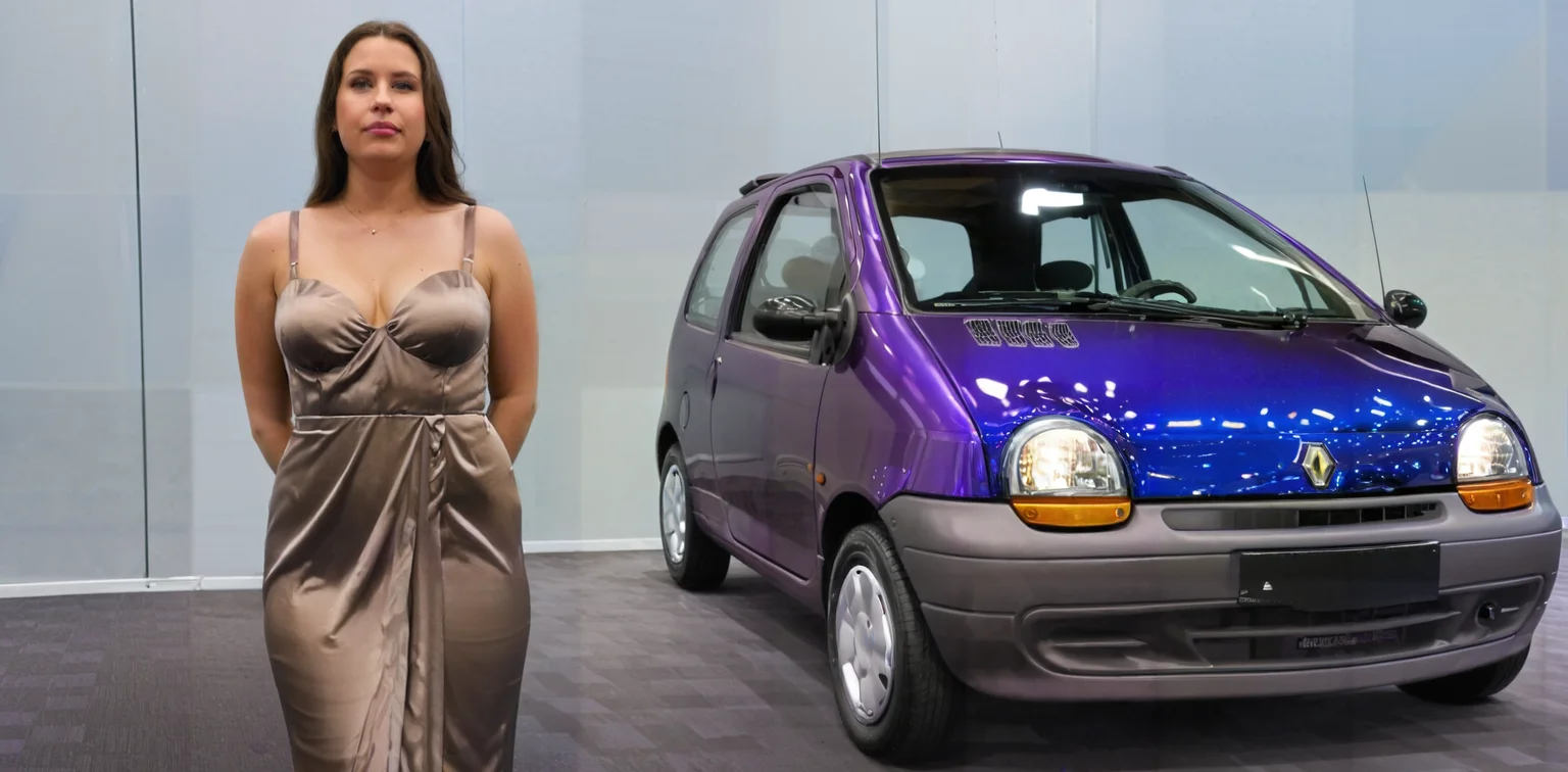 SEMA show, salon de l'auto, , 1girl, a chubby woman, wearing a silk evening gown, hands behind back, facing viewer <lora:sarah_butt_SDXL:1> , SEMA show, salon de l'auto, , 1car, a purple metalflake lowrider renault twingo, gleaming blue underglow, chrome rims, reflections <lora:Twingo_SDXL:1>
