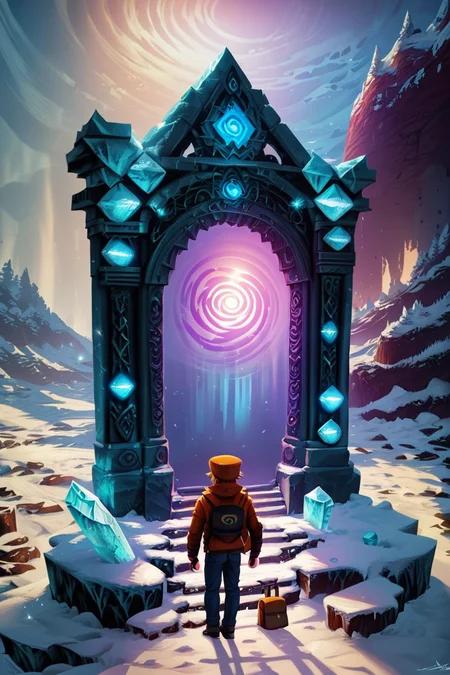 score_9, score_8_up, score_8, ,,, zzNetherPortal, solo, blonde hair, 1boy, hat, standing, male focus, pants, bag, from behind, backpack, snow, ice, crystal, cave, frozen, male focus, sunlight, scenery, light rays, sunbeam, ,<lora:NetherPortalPDXL_v2:1.0>, ,,, smile, looking at viewer, ,,, embedding:zPDXL, <lora:SDXLFaeTastic2400:0.5>,