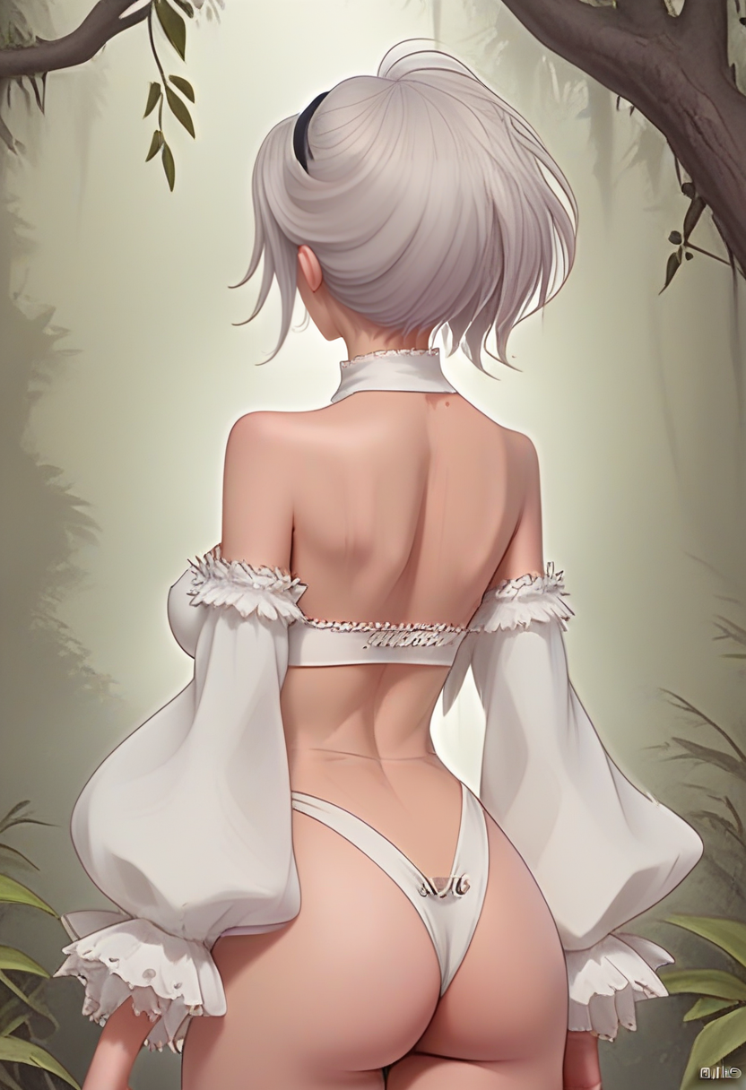 sw1nl1ke, 1girl, solo, grey hair, short hair, underwear, fullbody shot, detached sleeves, panties, white panties, white bra ,absolute masterpiece, best quality, ultra detailed, best quality, masterpiece,realistic,1girl, solo, upper body, puffy sleeves, dress, short hair, white hair, juliet sleeves, hairband, breasts, cleavage cutout, long sleeves, parted lips, turtleneck,jungle background, trees,   black hairband, medium breasts, covered eyes, mole under mouth, mole, lips, pink lips, nose, hair over eyes, teeth , facing away from behind ass <lora:Expressive_H:1> <lora:Pony_Sw1nL1ke_LORA-000004:1>, score_9_up, score_8_up, score_7_up, best_quality , 5 fingers, 5 toes