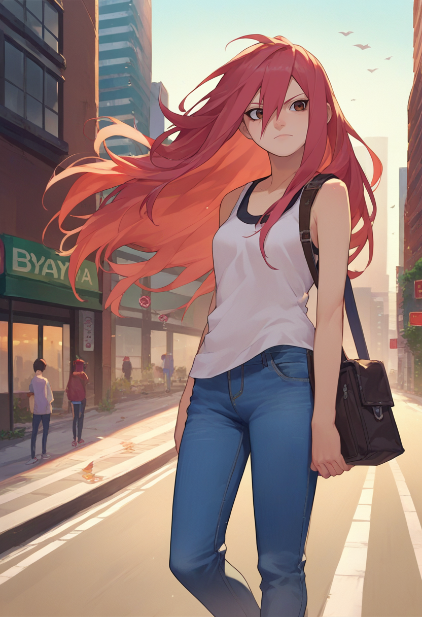 score_9, score_8_up, score_7_up, source_anime,  <lora:Tayuya-000012:1> tayuya, red hair, long hair, brown eyes,  eyes, tank top, jeans, city, shoulder bag,