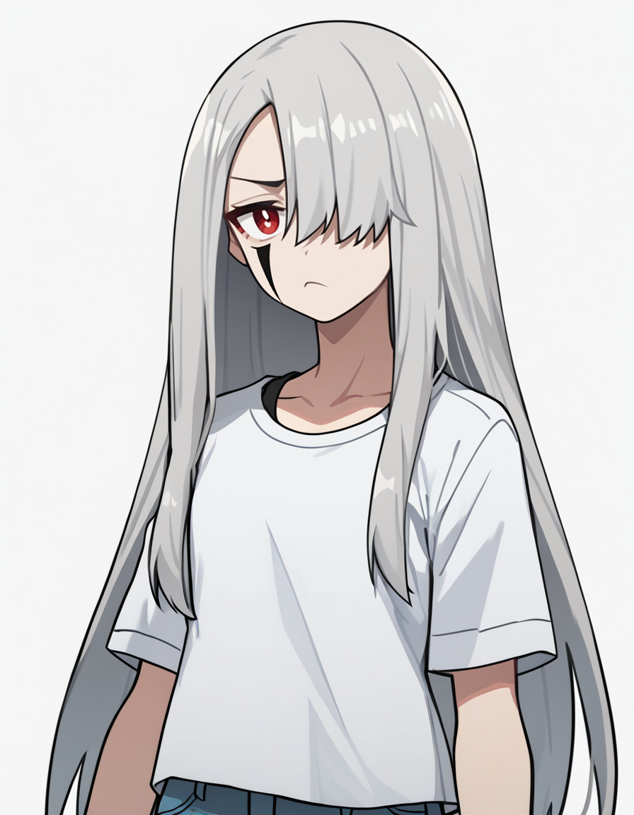 score_9,score_8_up,score_7_up,t-shirt,white background,looking at viewer,
<lora:shabolina_pony:0.7>,shabolina,1girl,solo,long hair,bangs,hair over one eye,facial mark,red eyes,grey hair,<lora:Anime_Screencap:1>,anime screencap,bored,cowboy shot,torn_jeans,