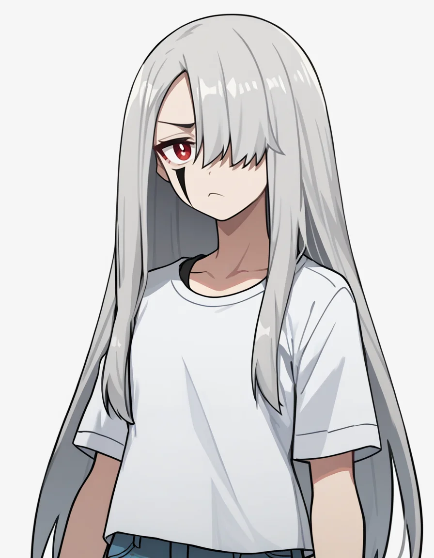 score_9,score_8_up,score_7_up,t-shirt,white background,looking at viewer,
<lora:shabolina_pony:0.7>,shabolina,1girl,solo,long hair,bangs,hair over one eye,facial mark,red eyes,grey hair,<lora:Anime_Screencap:1>,anime screencap,bored,cowboy shot,torn_jeans,
