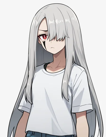 score_9,score_8_up,score_7_up,t-shirt,white background,looking at viewer,
<lora:shabolina_pony:0.7>,shabolina,1girl,solo,long hair,bangs,hair over one eye,facial mark,red eyes,grey hair,<lora:Anime_Screencap:1>,anime screencap,bored,cowboy shot,torn_jeans,