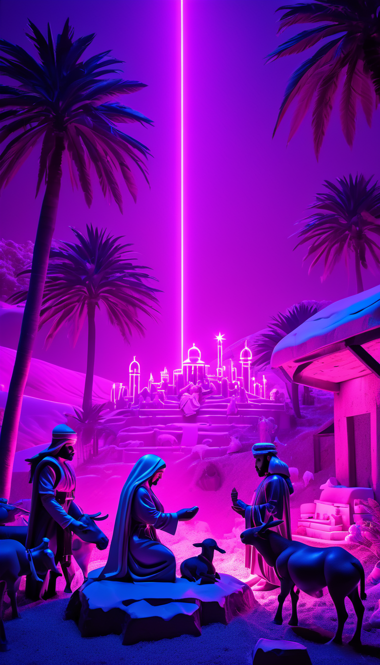neonpunk style Nativity Scene, scenery, detailed background, masterpiece, best quality, high quality, absurdres <lora:nativity_scene_xl_v1:1> . cyberpunk, vaporwave, neon, vibes, vibrant, stunningly beautiful, crisp, detailed, sleek, ultramodern, magenta highlights, dark purple shadows, high contrast, cinematic, ultra detailed, intricate, professional