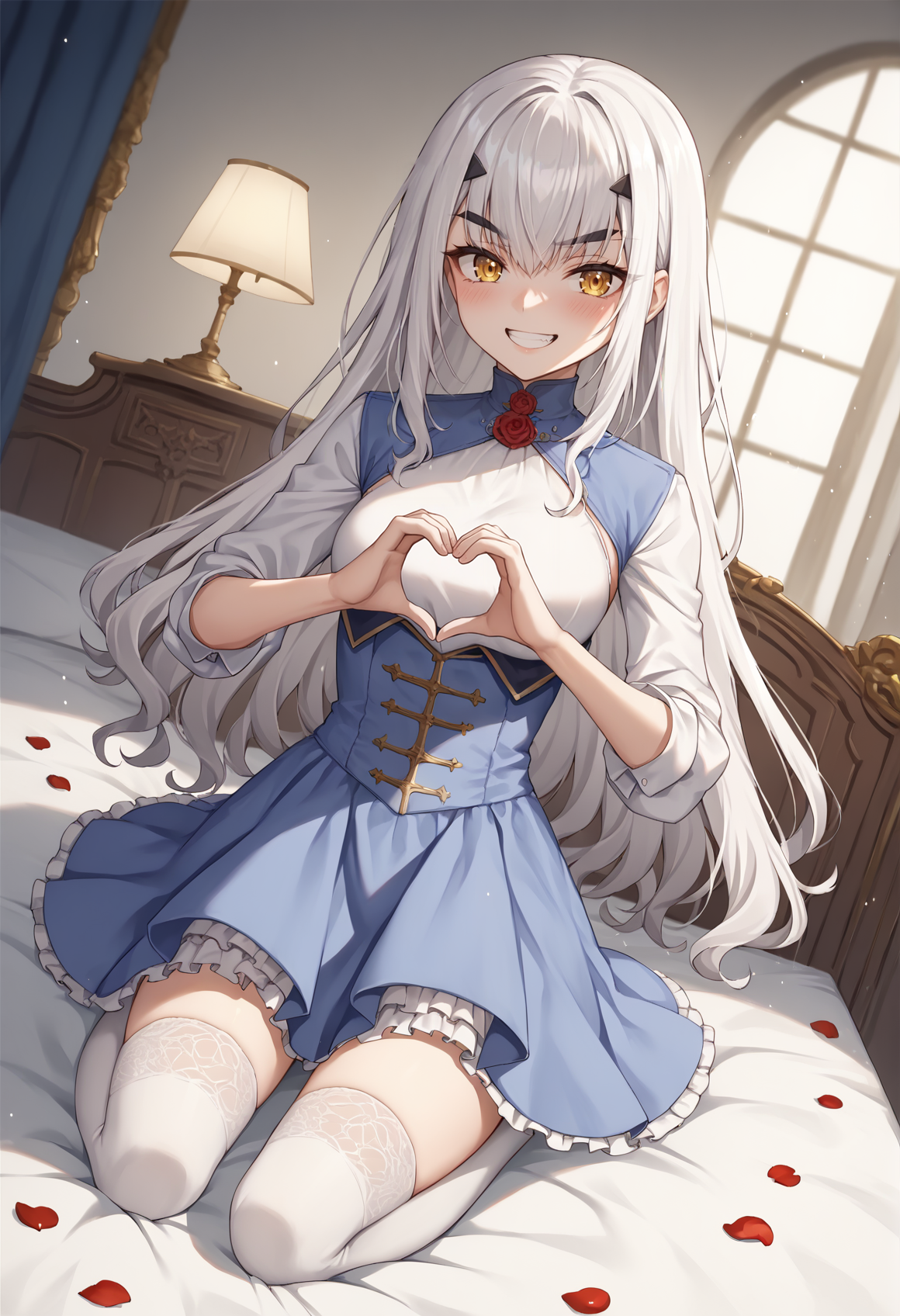 1girl, forked eyebrows, white hair, very long hair, yellow eyes, v-shaped eyebrows, blue dress, dress, flower, white shirt, flower, kneeling, zettai ryouiki, thighhighs, indoors, bed, dutch angle, blushing, heart hands, heart-shaped pupuls, smile, mesugaki, teeth, cape, petals <lora:Melusine_Fate_Grand_Order_XL_v2:1>, score_9, score_8_up, score_7_up, score_6_up, score_5_up, score_4_up, BREAK source_anime, masterpiece