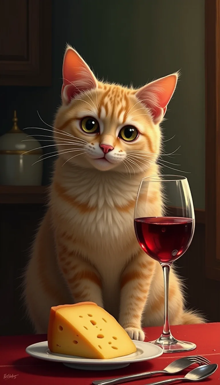 a elegant cat drinking a glass of wine, with cheese on the table, by Phil Jimenez