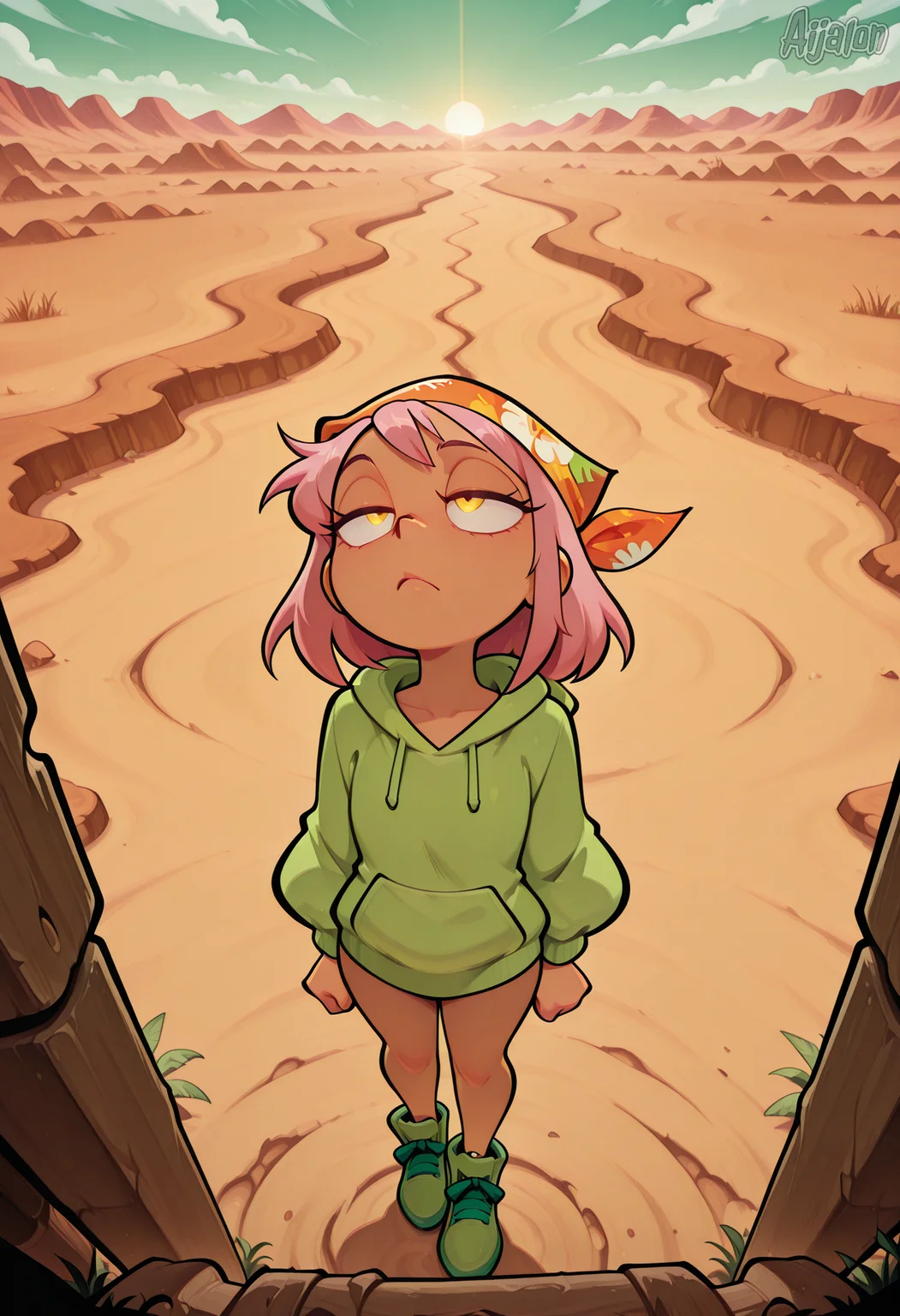 aijalon,1girl, aija-chan, bandana, green hoodie, green footwear, hood down,disdain ,  erotically stripping , wasteland , high angle  , masterpiece ,best quality, absurdres     <lora:Aija-chan:1>