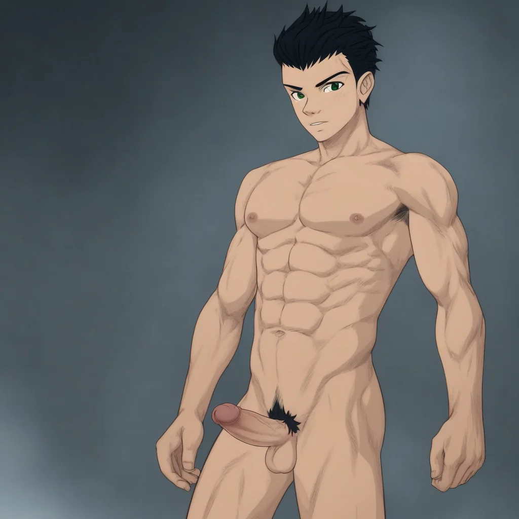 robin, 1boy, male focus, solo, short hair, black hair, green eyes, pubic hair, completely nude, abs, penis, balls,