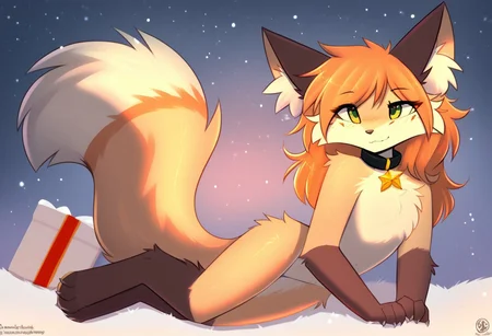 uploaded on e621, score_9, score_8_up, score_8, score_7, source_cartoon, source_furry Dynamic lighting, best quality, masterpiece, Kiri,1girl,solo,animal ears,furry female,body fur,snout,animal nose,green eyes,tail,bangs,white fur,long hair,two-tone fur,orange hair,red hair,animal ear fluff,brown fur,fox ears,sidelocks,fox girl,yellow eyes,fox tail (JayrnskiStyle) (by senz), christmas decorations, cute, black collar, (snowfall:1.2), (full body:1.4) (Skinny:1.3) (skinny butt, skinny body:1.1) (view on butt), easynegative