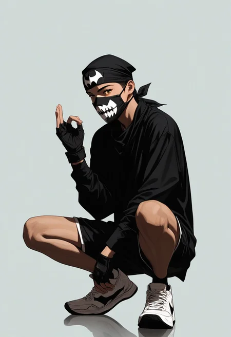 semi-realistic, detailed hand, perfect hand, MarbleGoldFluxWorld, full-body image, young adult male, Batman mask, bandana mouth mask, mysterious, rebellious vibe, loose white full-sleeve coverall, blue, yellow, red straps, knee-length shorts with pockets, casual urban style, black fingerless gym gloves, street-smart aesthetic, white Crocs, contrast with outfit, squatting in low-squat position, confident straight gaze, expressive hands, signing gesture, dynamic composition, minimalist setting, white wall background, simple indoor plant, single leaf in white pot, subtle life touch, clean modern tone, focus on details, relaxed confident posture, HD, ultra-detailed, masterpiece artwork, sinozick style, flat color, dark theme, 1g0r, Expressiveh, g4n1m3, comicbookpage style, 1boy, adult, solo, score_9, score_8_up, score_7_up.