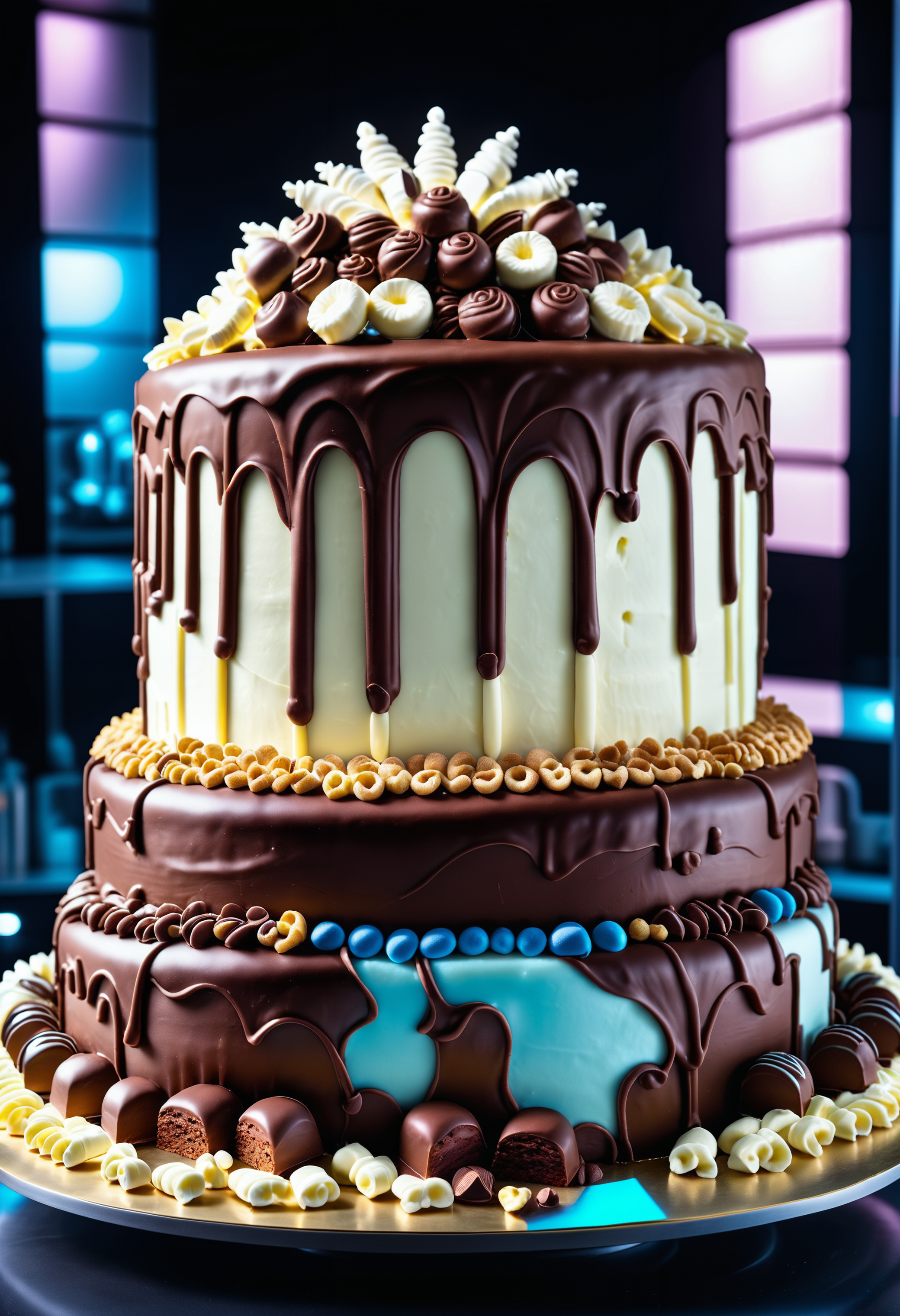 A masterpiece of a giant cake, futuristic style, (Ashley Park:1.3) , cinematic lighting, atmospheric perspective, sleek, modern, ultramodern, high tech, detailed, cyberpunk, symmetry, sci-fi, Jed-ChocoC, chocolate, cereals, <lora:last:0.7>, Jed-whtccae, <lora:WhiteChocoStyle-000005:0.6>, Jed-mrshmlw, <lora:MarshmallowStyle-000007:0.5>, Icing, stunningly beautiful background, masterpiece, positive emotions, lush, extremely rich detail, highly detailed, luxury, highly enhanced, epic atmosphere