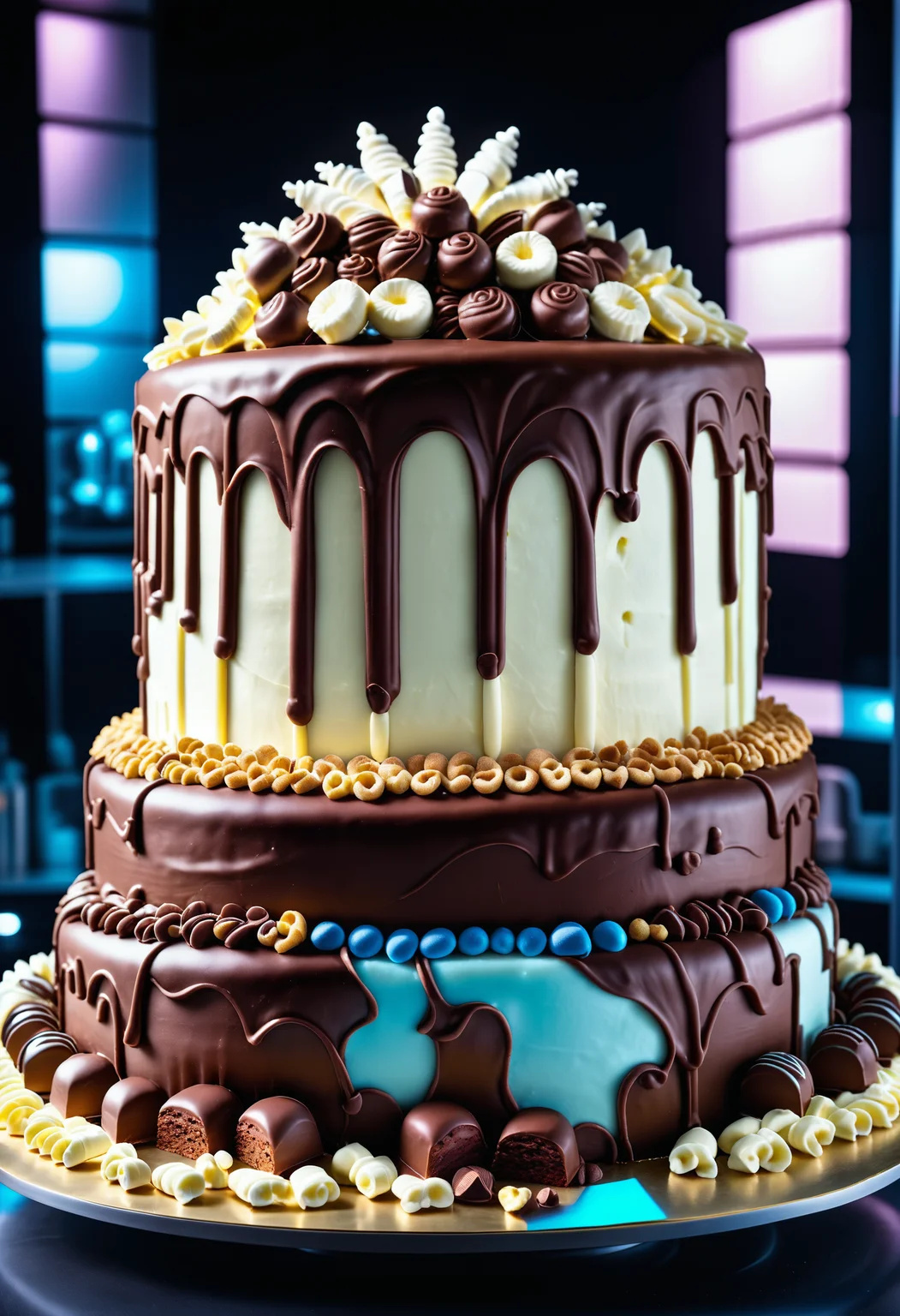 A masterpiece of a giant cake, futuristic style, (Ashley Park:1.3) , cinematic lighting, atmospheric perspective, sleek, modern, ultramodern, high tech, detailed, cyberpunk, symmetry, sci-fi, Jed-ChocoC, chocolate, cereals, <lora:last:0.7>, Jed-whtccae, <lora:WhiteChocoStyle-000005:0.6>, Jed-mrshmlw, <lora:MarshmallowStyle-000007:0.5>, Icing, stunningly beautiful background, masterpiece, positive emotions, lush, extremely rich detail, highly detailed, luxury, highly enhanced, epic atmosphere