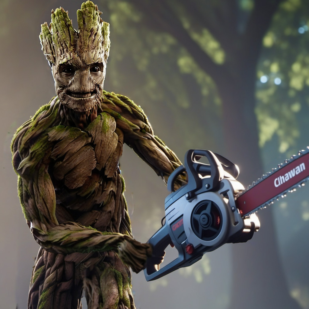 Groot1024, a human-tree, full body, holding a +++chainsaw, detailed eyes, highly detailed, photography, ultra sharp, film, bokeh, professional, 4k  <lora:Groot1024:0.8>