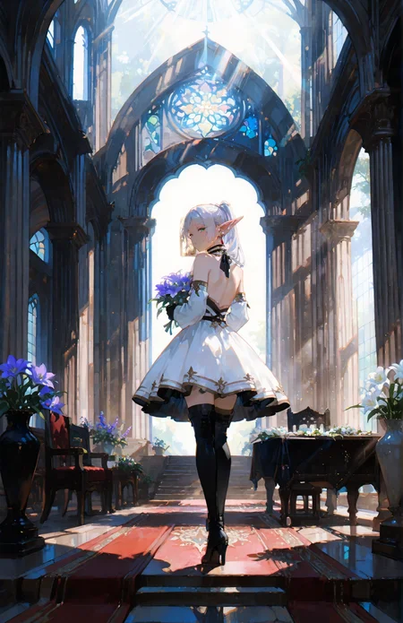 perfect quality,high quality,masterpiece,best quality,amazing quality,very aesthetic,absurdres,newest,
FrierenCyql,1girl,elf,solo,long hair,twintails,white hair,green eyes,pointy ears,earrings,jewelry,<lora:Frieren_Illustrious by Cyql:1>,
flower,dress,indoors,scenery,wide shot,bouquet,boots,stained glass,window,bare shoulders,black footwear,church,standing,purple flower,from behind,detached sleeves,chair,white dress,blue flower,white flower,black gloves,thighhighs,table,black dress,thigh boots,gloves,holding bouquet,sunlight,facing away,carpet,architecture,full body,shadow,sidelocks,backless outfit,day,long sleeves,arch,lily (flower),plant,holding,black thighhighs,looking at viewer,stairs,vase,backless dress,feathers,high heels,light rays,pillar,light particles,
<lora:96YOTTEA-WAI:0.3>,<lora:EtherSDXL:0.4>,<lora:illustrious_all_rated_v1:0.5>,<lora:spo_sdxl_10ep_4k-data_lora_webui:0.6>,<lora:ponyv5_noobV065S_1_adamW:0.7>,<lora:748cmSDXL:0.8>,