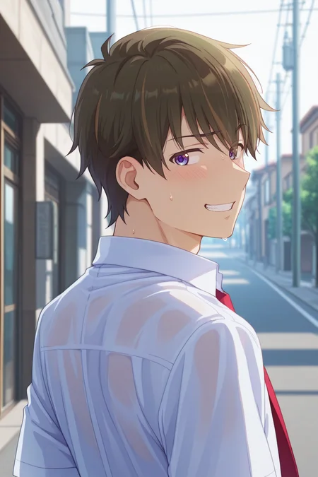 masterpiece, best quality, amazing quality, very aesthetic, high resolution, ultra-detailed, absurdres, newest, scenery, volumetric lighting, depth of field,anime screencap, , , 1boy, solo, male focus,  <lora:Wataru_Sajo:0.88>,wataru sajo,dark brown hair,purple eyes,short hair,shy,shirt,school uniform, white shirt,upper body,necktie,collared shirt,grin,red necktie,looking back,outdoors,street,from behind,looking back,sweat