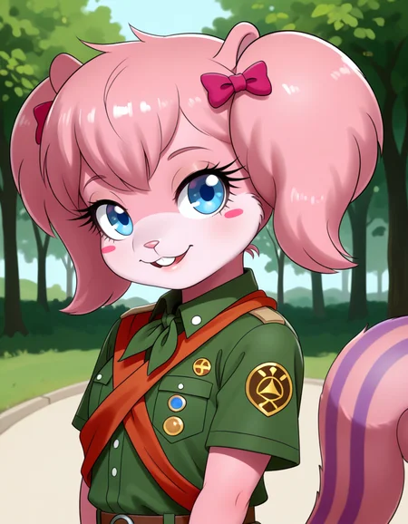 masterpiece, best quality, very aesthetic, absurdres,
outdoors,
upper body, posing,
scout uniform,
seductive smile, parted lips, long eyelashes,
<lora:Twiggy_v01_NAIXL:1>
Tw166y,1girl,solo,furry,furry female,squirrel girl,pink hair,squirrel ears,short hair,twintails,hair bow,blue eyes,blush stickers,animal nose,buck teeth,body fur,pink fur,squirrel tail,