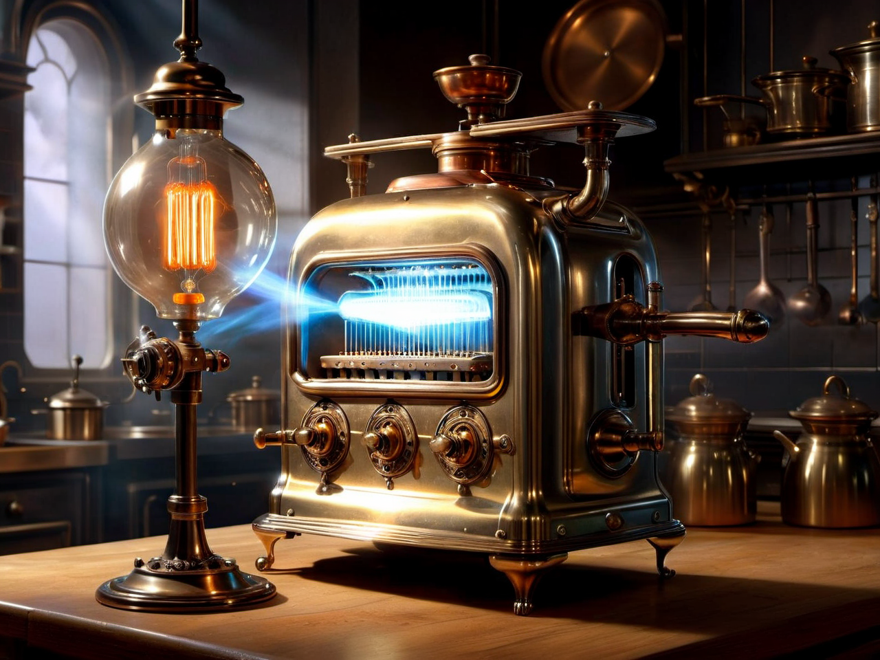 <lora:TechPunkAI:.7> ValvePunkAI ,VictorianPunkAI  toaster in kitchen  (Highly detailed, amazing retro-futuristic setting), (Shiny Impressive lighting), (Ultra Realistic, High quality, Highly detailed, Sharp focus, 8K UHD, Art photography), (trending on artstation)